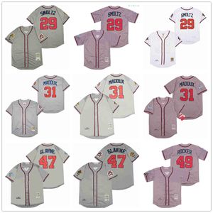 Filme Vintage Baseball Jerseys Usa Costurado 29 JohnSmoltz 31 GregMaddux 47 TomGlavine 49 JohnRocker Costurado Fora Respirável Esporte Jersey de Alta Qualidade