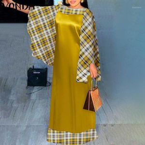 Casual Dresses Vintage Patchwork Plaid Klänning Holiday Party Maxi Long Vonda 2022 Kvinnor Ärmeve Vestidos Oversized Robe Femme