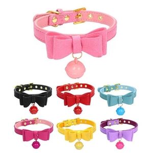 Double Bow Solid Color Cat Dog Collar with Bell Fiber PU Adjustable Dog Chain Personalized Necklace for Puppy Cats Pet Stuff 201030