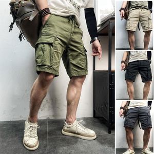 Heren shorts Heren Casual zomer dunne Amerikaanse retro elastische taille grote pocket gewassen katoenen werkkleding knie lengte lading broek menmen's