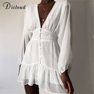 Dicloud Sexig Plunge V Neck Women's Summer Dress White Lace Long Sleeve Mini Wedding Party Dress Ruffle Elegant kläder 210706