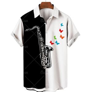 Summer Polyester Cotton Short Sleeve Music Saxophone 3D Printed Shirts For Men Casual Loose Wid Down Collar Mens Beach Shirt 220607