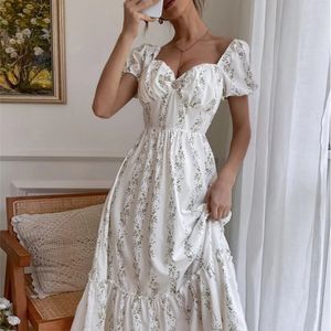 DGirl Elegant Women Summer Dress Square Collar Floral Puff Sleeve Zipper Jóias Inlaid High Waist Ruffle 220521