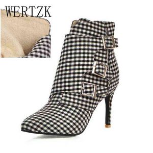 Buty 2022 Projektantka Plaid Kobiety kostki szpilki na wysokie obcasy Zip Burza Budzko Biuro Dress Sukiety Buty jesienne zima 34-43 220709