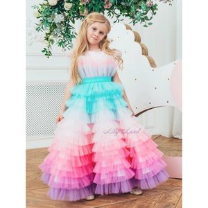 Colorful Rainbow Flower Girl Dresses Floor Length O Neck Little Girl Wedding Dress Communion Pageant Birthday Gowns