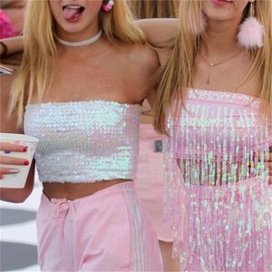 Bling Sequins Crop Tops Sexy Women Strapless Tube Top Stretchy Vest Festival Rave Clothing Stage Performance Party Clubwear 220325