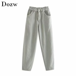 Vintage High Waist Jeans Women Paperbag Pants Streetwear Elastic Pleated Denim Trousers Casual Long Pocket Mom 210515