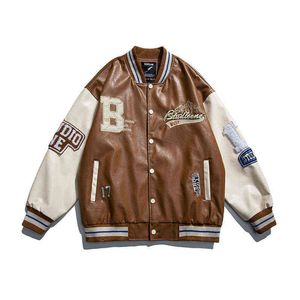 MENS VARSITY PU LÄDER BASEBALL JACKA Män kvinnor Vintage broderi Letter Patchwork College Coats Hip Hop Bomber Coat Unisex T220816