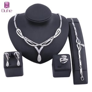 Women's Wedding Bridal Crystal Water Drop Cluster Statement Necklace Dangle Earrings Bracelet Ring Jewelry Set