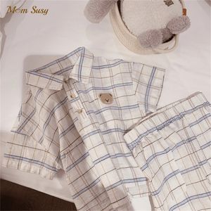 Baby Boy Girl Clothes Set Plaid Shirt Shorts Cotton Summer Spädbarn Småbarn Child Clothing Set Outfit Kort ärm 1-5y 220425