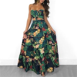 Sexy Women Boho Two Piece Set Crop Top Long Skirt Floral Printed Bandeau Strapless Bandage Ruffles High Waist Skirts Holiday 220509