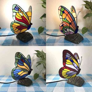 Stained Glass Tiffany Butterfly Lamps With US/EU/UK/AU Plug In E27 LED Bedroom Bedside Light for Table Night Fixtures H220423