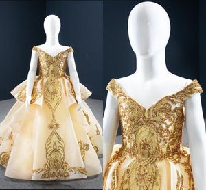 2022 Guld Sequins Applique Girls Prom Pageant Dresses V-Neck Cap Sleeve Tiered Lager Ruffle Flower Girl Dress Wedding Kid Formal Evening Gowns Champagne