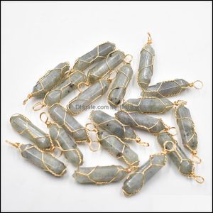Charms Gold Wire Natural Stone Labradorite Hexagonal Healing Reiki Point Pendants For Jewelry Makin Mjfashion Drop de DHZ42