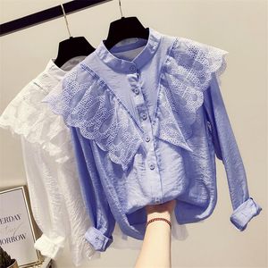 Kvinnors Blusar T Shirts 2022 Höst Mode Kvinnor Lace Blus Elegant Kvinna Chiffon Skjorta Lady Långärmad Vinterbottnar Grundläggande Toppar WZ