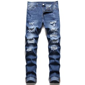2022 Новые тонкие прямые мужские джинсы Голубой хип -хоп несколько отверстий джинсовые штаны модная случайная уличная одежда панталоны de hombre