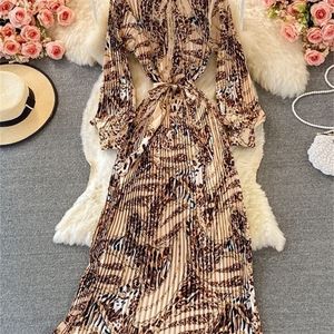 Spring Women French Loose Pleated Printed Elegant Long Sleeve Aline Lady Clothes Autumn Female Maxi Dress 220803