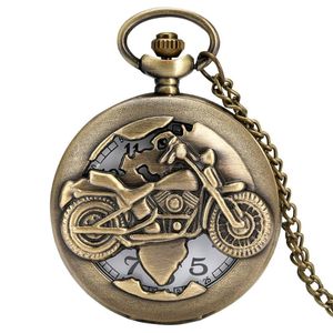 Pocket Watches Antique Bronze Motorcykel Display Quartz Watch Punk Necklace Pendant Clock Fob Chain Retro Accessory Unisex GiftSpocket