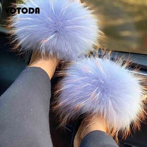 Slippers New Fur Women Fluffy Real Slides Fuzzy Raccoon Hair Comfortable Indoor Sandals Summer Woman Shoe 220708