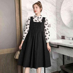 Spring Maternity Clothes Loose Long Sleeve Pregnant Women Dress TurnDown Collar Floral Patchwork Black Pregnancy Clothes J220628