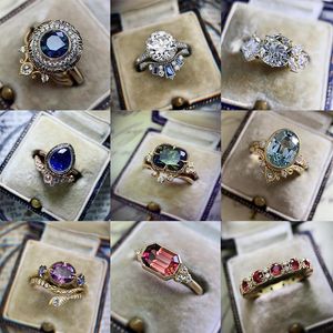 Alianças de Casamento Vintage Estilo Boho Anel de Largura Oval Pedra Verde Incrustada em Dois Tons Design Dedo Para Mulheres Declaração de Jóias Presente de Casamento