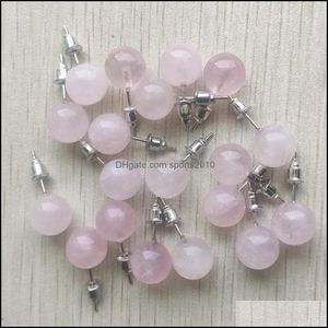 Konst och hantverk Arts Gifts Home Garden Natural Rose Quartz Stone Round Ball Beads 10mm rostfritt stål Studörhängen Juvel DHV8R