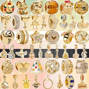 925-Armband-Charms für Pandora-Charm-Set, Originalverpackung, goldfarben, Mond, Stern, Lucy, Katze, Schloss, Flügel, Anhänger, Familie, Liebe, europäische Perlen, Halskette, Charms, Schmuck