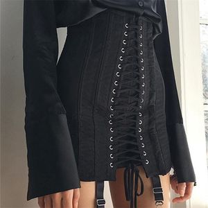 InsDoit Gothic Y2K Vintage Mini Skirt Women Punk Patchwork Summer High Waist Skirt Bodycon Eyelet Lace Up Aesthetic Sexy Skirts 220701