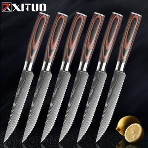 XITUO Steak Knife Set Damascus Pattern Stainless Steel Serrated Knife Beef 205g