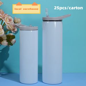 TWO LIDS 20oz Sublimation Straight tumblers Blank Skinny Glossy tumbler With clear Straw White box Stainless Steel Portable Double wall Vacuum Insulated Cups