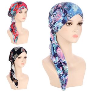 Kvinnor tryckt före slemhuvudet huvudduk Elastisk muslimsk kvinnlig turbancancer kemo hat håravfall täcker huvud wrap headwear stretch bandana