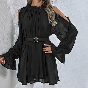 Women's Blouses & Shirts Chiffon Long Blouse Women 2022 Flare Sleeve Off Shoulder Pleat O Neck Black Lace Up Casual Office Lady Tops