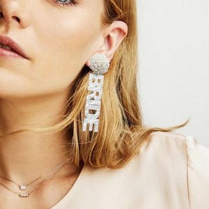 Women Letter Bride Stud Earrings Fashion Design White Beads Pink Mirror Gold Silver Glitter Drop Earring Acrylic Dangles Gifts Exaggerated Wedding Party Jewelry