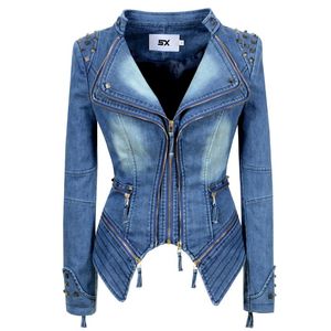 Kurtki damskie punkowy nitek w rozmiarze krótka dżins Slim Women Wash Long Rleeve Vintage Casual Studs Jean Outa Owezyjna płaszcz z bombowcem