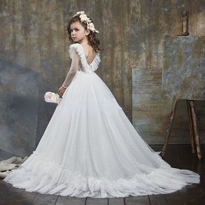 Lovey Holy Lace Princess Flower Girl Ball Suknia Pierwsza komunia dla dziewcząt Tiul bez rękawów