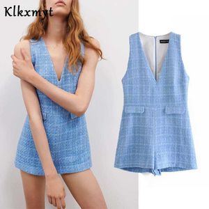 Klkxmyt Za Overall Frauen Blau Strukturierte Plaid Kurze Casual Frühling V-ausschnitt Ärmellose Elegante Palysuits Frau Combishort 210527