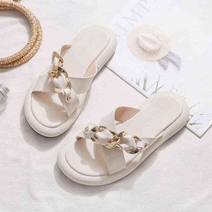 Slippers Metal Chain Leather Flats Slippers Women Summer Sandals Beach Platform Shoes Luxury Designer Open Toe Outside Slides 2022 220516