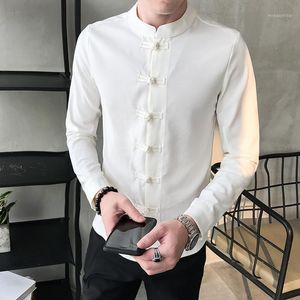 Etniska kläder 2022 Spring Men skjorta kinesisk stil smal passande långa ärmar camisa sociala kontors slitage mandarin krage
