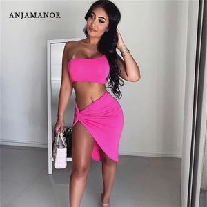 ANJAMANOR Summer Women 2 Piece Set One Shoulder Crop Top Knotted Slit Short Skirt Sets Sexy Two Piece Club Outfits D32AA34