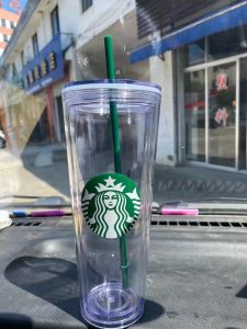 Starbucks Tassen 24oz 710 ml Plastikbecher wiederverwendbares Doppelschicht transparent Kaffee Flat Strohsäule Abdeckung Bdian Tasse Milch Teetasse 0524