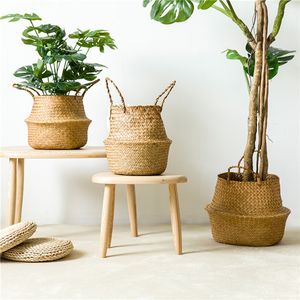 Cestini portaoggetti in bambù fatti a mano Cesto pieghevole per bucato in paglia Patchwork in vimini Rattan Seagrass Belly Garden Flower Pot Planter Basket 0704