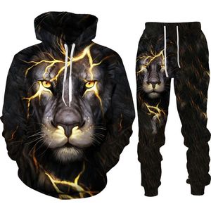 Men's Tracksuits Autumn Winter 3D Lion Tiger Printed Hooded Sweater Set Sportswear Tracksuit Long Sleeve Clothing Suit