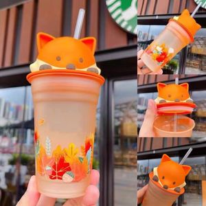 Star Cup New Autumn Fox Glass Straw Water Bottles Winter Explosion-Proof Insulation Glass Kettle Christmas Gift