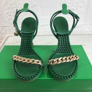 Women Leather Sandals Chain Removable Ball Trim Green Red Black White Comfort Rubber Shaping High Heel Sole Womens Sandals botegas DOT shoes