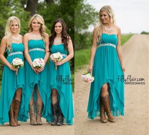 One PCs Hunter Country Style Short Chiffon Bridesmaid Dresses Modest Western Strapless Beaded Sash Hi-Lo Maternity Bridesmaid Gowns Under 100