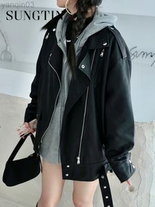 Sungtin Moto Biker Pu Faux Leather Jacket Women Blet New Fashion Zipper Casual Coats Женская уличная черная корейская негабаритная одежда L220801