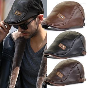 Berets Top Pu skóra sboy cap men planas Duckbill Visor Hat Zima jesień ciepłe płaskie czapki Vintage Man Boinas Gatsby Hatsberets OLIV22