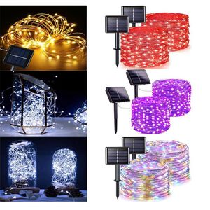 Strängar Solar Copper Wire String Lights Fairy 10m 100Led Waterproof Outdoor Garland Christmas Party Holiday For Garden Decorationled Ledledl