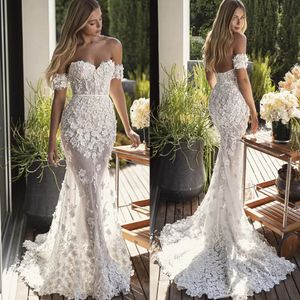 Apliques florais de luxo Mermaid Vestido de noiva 2022 Vestidos de noiva da praia de Boho, de verão, espartilho pérolas de pérolas de miçangas de flor de marfim branca noiva