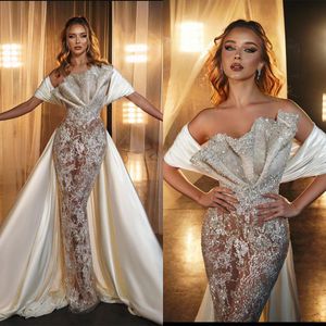 Squisito abito da sposa a sirena senza spalline con perline in pizzo con paillettes arabo lunghezza del pavimento tromba abiti da sposa Robe De Soiree